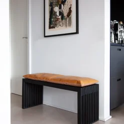 Cinas - Siddepude til 3-personers Rib bænk lysebrun læder, 104 x 35 cm