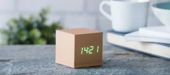 Gingko - Wooden Cube Click Clock Beech / Green LED